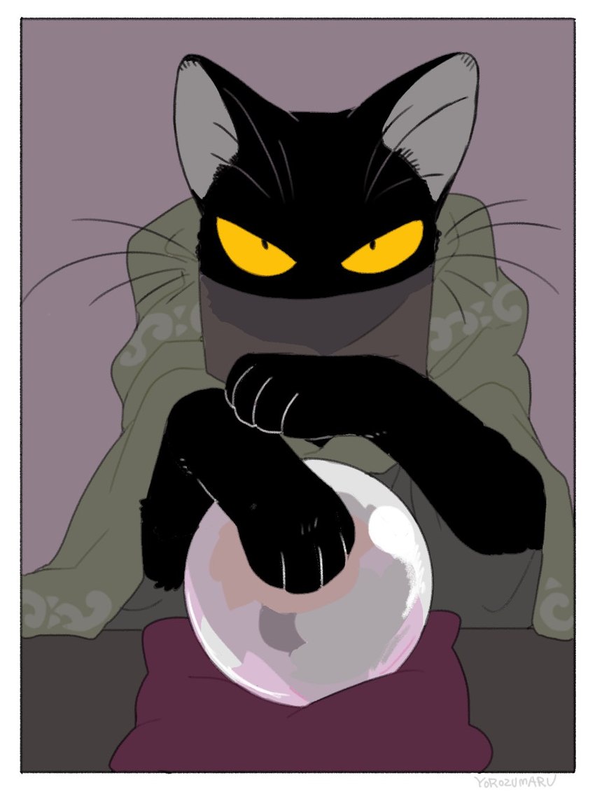 ambiguous_gender anthro black_body crystal_ball looking_at_viewer paws solo whiskers yellow_eyes yorozumaru urushi_(yorozumaru) domestic_cat felid feline felis mammal 2021 hi_res