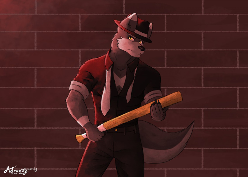 anthro baseball_bat bat_(object) clothed clothing formal_wear gangster headgear headwear male mobster multicolored_ears simple_background solo adricovy canid canine canis domestic_dog husky mammal nordic_sled_dog spitz