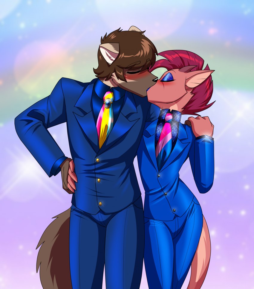 anthro bisexual_pride_colors blue_eyeshadow blue_lipstick blush brown_hair clothing duo eyeshadow gem hair hand_around_waist hand_on_shoulder horn kiss_on_lips kissing lgbt_pride lipstick makeup male male/male necktie pansexual_pride_colors pride_colors red_hair romantic romantic_ambiance romantic_couple side_by_side size_difference sparkling_background suit crovirus mythology adrian_(crovirus) vinny_(draykathedragon) domestic_cat dragon felid feline felis gulonine hybrid mammal marten mustelid musteline mythological_creature mythological_scalie pine_marten scalie 2024 digital_media_(artwork) hi_res