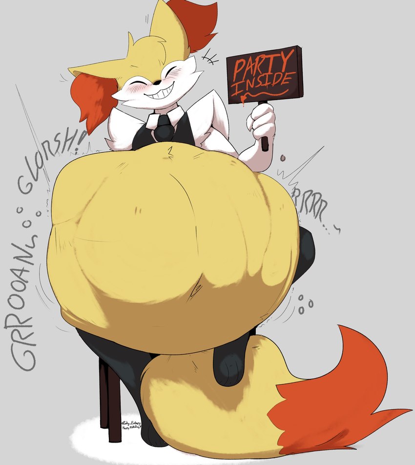 abdominal_bulge anthro anthro_pred belly big_belly blush eyes_closed fur huge_belly inner_ear_fluff male rumbling_stomach sitting smile solo text tuft vore yellow_body yellow_fur inky_entropy nintendo pokemon braixen canid canine fox generation_6_pokemon mammal pokemon_(species) digital_media_(artwork) english_text hi_res