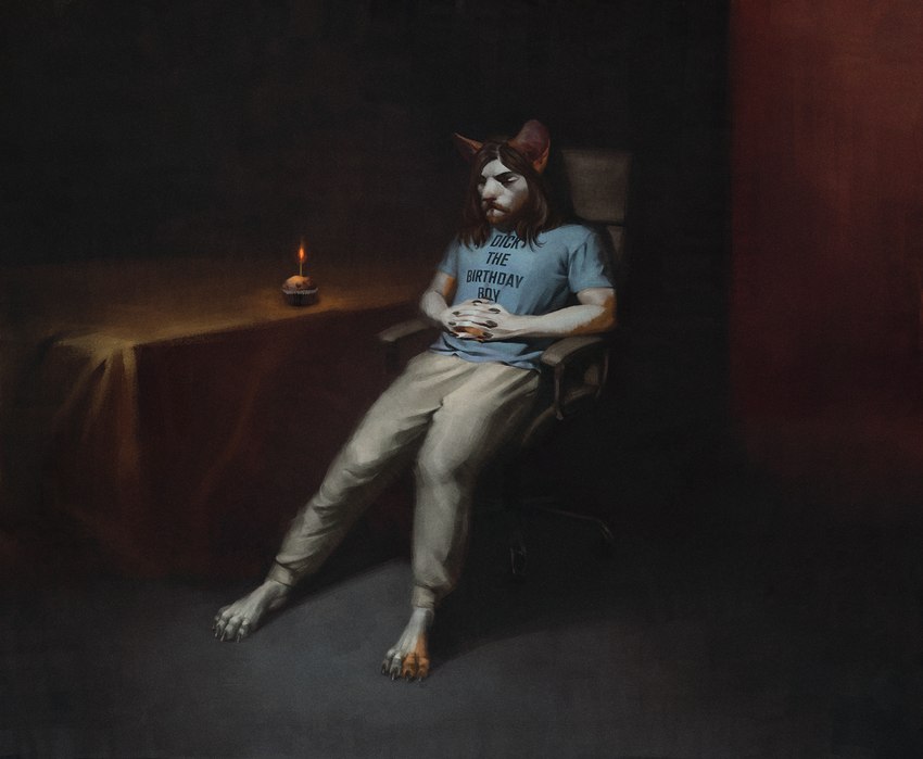 5_fingers anthro birthday candle chair clothing cupcake fingers food furniture hair lit_candle long_hair male shirt sitting solo t-shirt table text text_on_clothing topwear bra1neater domestic_cat felid feline felis mammal 2023 digital_media_(artwork) hi_res portrait