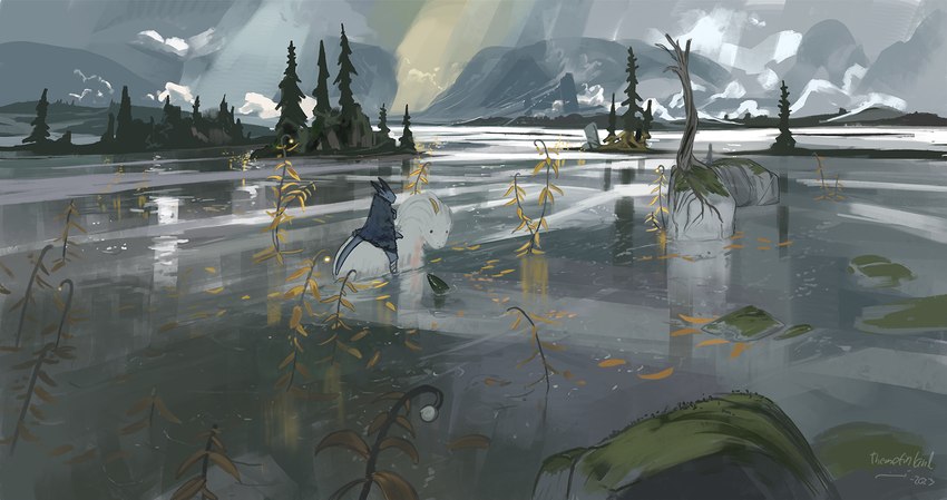 ambiguous_gender duo feral lake mountain outside plant riding_on_back rock snow tree themefinland mythology phyn pluf dragon humanoid marine mythological_creature mythological_scalie scalie wingless_dragon 2023 artist_name hi_res