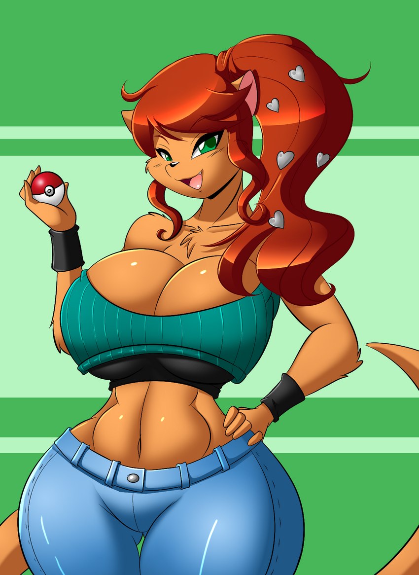 anthro big_breasts bottomwear breasts brown_body brown_fur cleavage clothed clothing crop_top curvy_anthro curvy_female curvy_figure denim denim_bottomwear denim_clothing eyelashes female fur green_background green_eyes hair hand_on_hip hourglass_figure hourglass_figured_anthro hourglass_figured_female huge_breasts jeans looking_at_viewer midriff navel pants pokeball ponytail red_hair shirt simple_background smile solo teeth thick_thighs tongue topwear voluptuous wide_hipped_anthro wide_hipped_female wide_hips mastergodai upstairstudios nintendo pokemon elexis_(mramp) mrs._amp_(mramp) mammal mustelid musteline true_musteline weasel 2020 digital_media_(artwork) hi_res