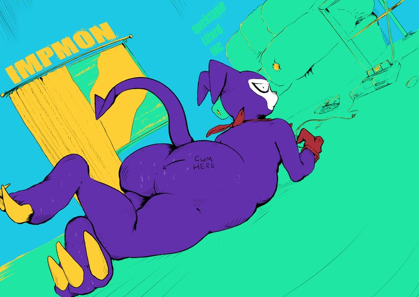 abstract_colors anthro arrow_pointing_to_butt big_butt bodily_fluids butt explicit_text feet gaming looking_at_viewer lying male on_front slightly_chubby solo sweat sweaty_butt sweaty_feet thick_thighs ducktape_lizard_inc bandai_namco digimon nintendo super_nintendo digimon_(species) impmon hi_res