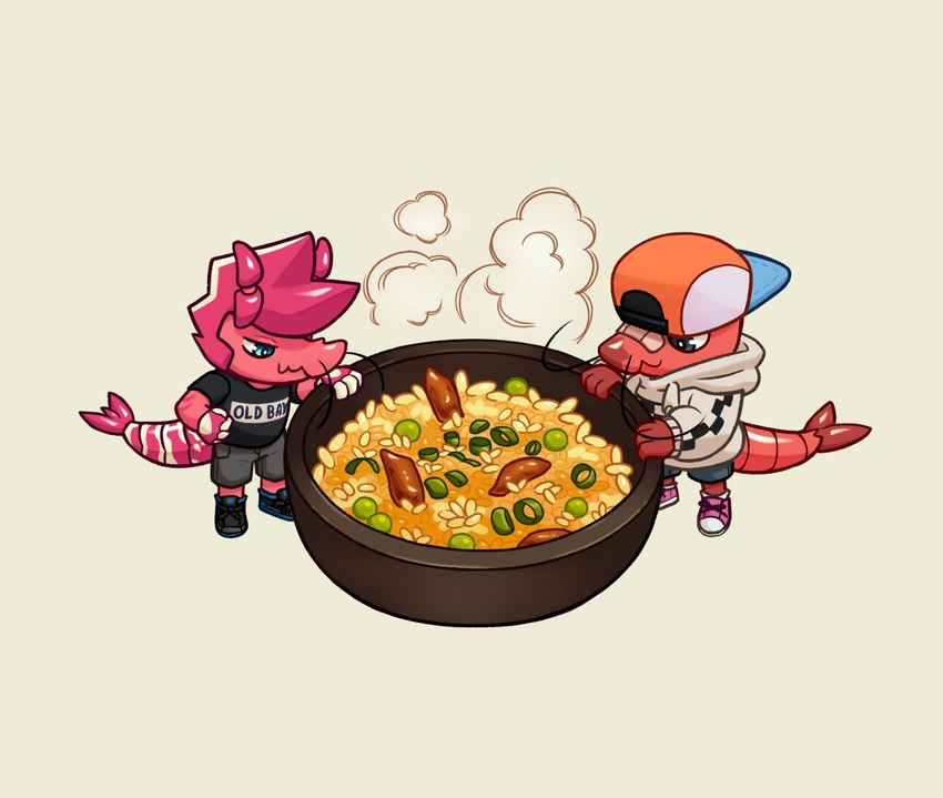 anthro biped clothed clothing duo food fried_rice hat headgear headwear hoodie male tail topwear fernburn shrimp_fried_rice arthropod crustacean marine shrimp