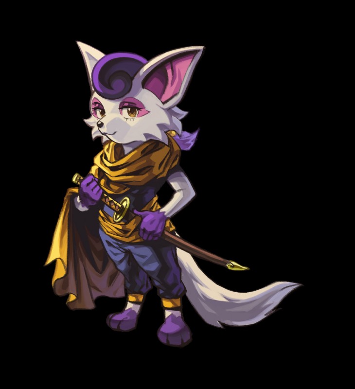 asian_clothing cape clothed clothing east_asian_clothing female fur hair holding_object holding_weapon katana light_smile looking_at_viewer melee_weapon narrowed_eyes purple_body purple_fur purple_hair samurai simple_background smile smug_face solo standing sword transparent_background warrior weapon white_body white_fur yellow_eyes juanito_medina kemono_heroes miyuki_(kemono_heroes) domestic_cat felid feline felis mammal 2019 alpha_channel hi_res official_art