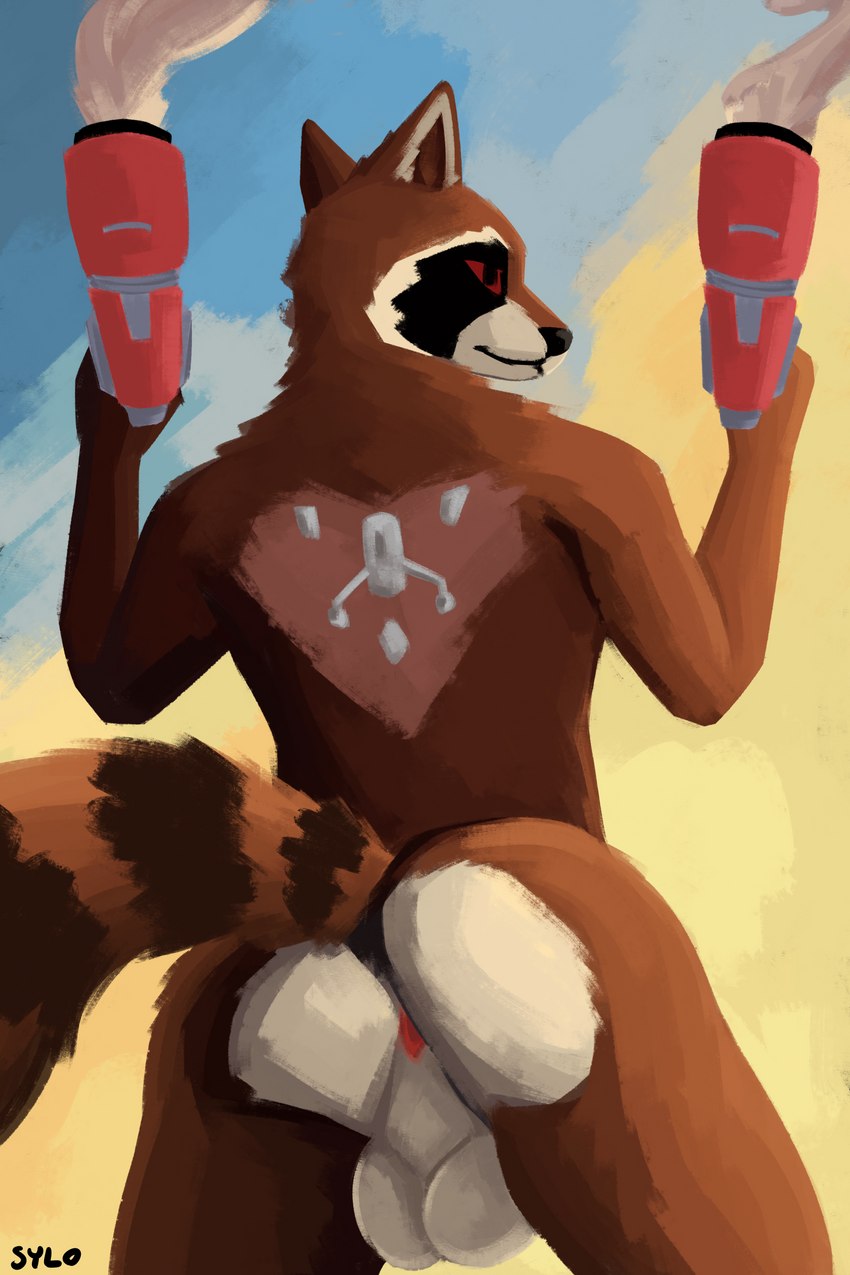 anthro anus balls brown_body brown_fur butt fur genitals male nude rear_view simple_background solo tail sylo guardians_of_the_galaxy marvel rocket_raccoon mammal procyonid raccoon 2023 2:3 absurd_res digital_media_(artwork) hi_res