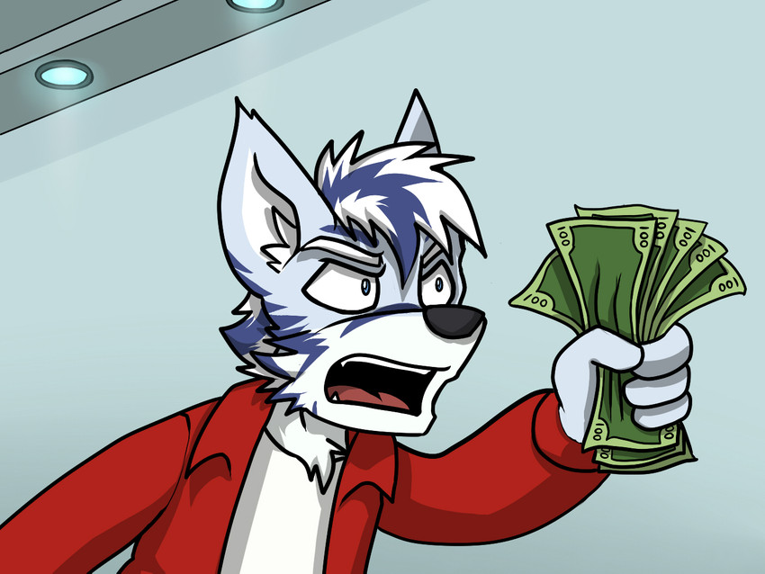 anthro black_nose blue_eyes chest_tuft clothed clothing eyebrows fur grey_body grey_fur holding_money holding_object inside jacket male money multicolored_body multicolored_fur open_mouth purple_body purple_fur solo teeth tongue topwear tuft wall_(structure) white_body white_fur arrwulf comedy_central futurama shut_up_and_take_my_money canid canine canis mammal wolf 2020 4:3 meme