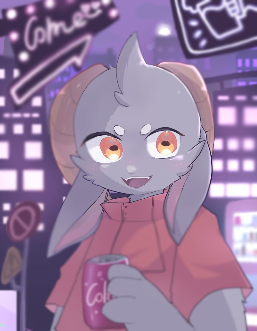 anthro beverage city city_background clothed clothing cola curved_horn fur grey_body grey_fur hair happy horn jacket long_ears looking_at_viewer male moon night open_mouth orange_clothing shirt smile soda solo street_sign text topwear vending_machine yellow_eyes mofumor_stay bolgogi bovid caprine goat mammal digital_media_(artwork) english_text hi_res