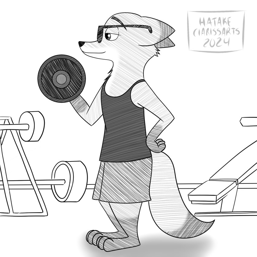 anthro athletic_wear barefoot bottomwear clothed clothing dipstick_ears dipstick_tail ear_markings exercise exercise_equipment feet gloves_(marking) gym leg_markings male markings multicolored_ears shirt shorts socks_(marking) solo standing tail tail_markings topwear weightlifting weights workout hatakeclarissarts disney inktober zootopia nick_wilde canid canine fox mammal red_fox true_fox 1:1 2024 hi_res monochrome