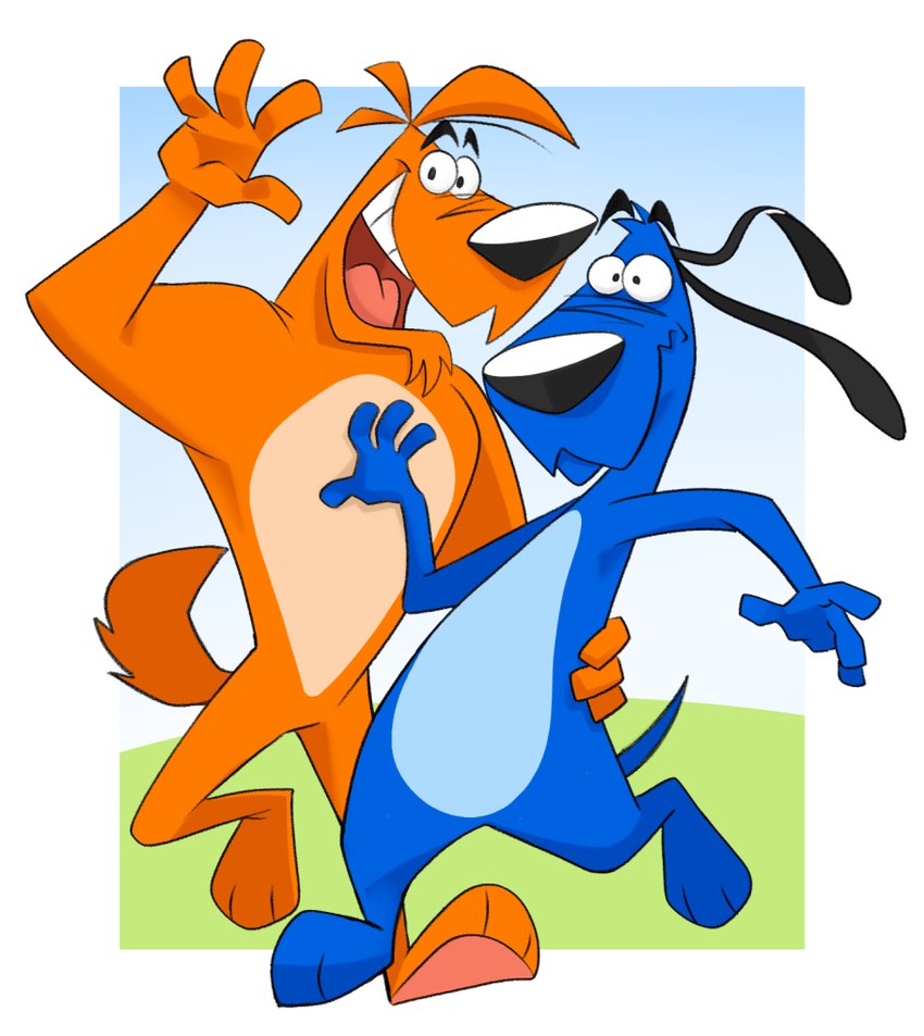 anthro black_ears black_eyes blue_body blue_fur duo fur gesture long_ears male open_mouth orange_body orange_fur smile waving zurdomon nick_&_perry nick_(nick_&_perry) perry_(nick_&_perry) alien canid canine canis domestic_dog mammal