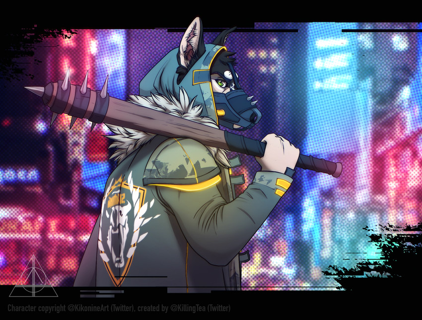 abstract_background alternative_fashion anthro bat_(object) city clothed clothing cyberpunk dystopia fur gang gangster headgear looking_at_viewer male mask outside punk simple_background solo streetwear stylized_background techwear topwear weapon kikonine killingtea cd_projekt_red cyberpunk_2077 kiko_(kikonine) canid canine canis domestic_dog mammal digital_media_(artwork)