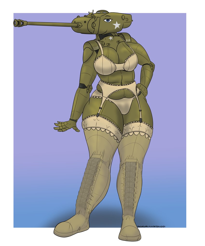 anthro big_breasts blue_eyes breasts clothing female garter_belt garter_straps green_body hand_on_hip legwear looking_at_viewer m26_pershing machine slightly_chubby slightly_chubby_female solo stockings tan_clothing tank_(vehicle) vehicle wide_hips panzerschreckleopard scarlett_(panzerschreckleopard) living_machine living_tank living_vehicle 2024 5:6 absurd_res colored hi_res