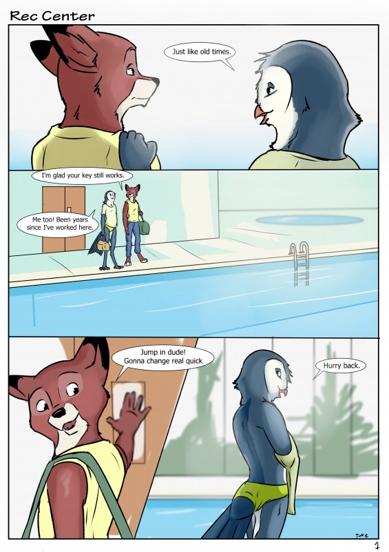 ambiguous_gender anthro blue_body blue_feathers dialogue duo feathers inside male swimming_pool text water tuke casey_(tuke) graham_(tuke) avian bird canid canine fox mammal owl 2015 absurd_res comic english_text hi_res