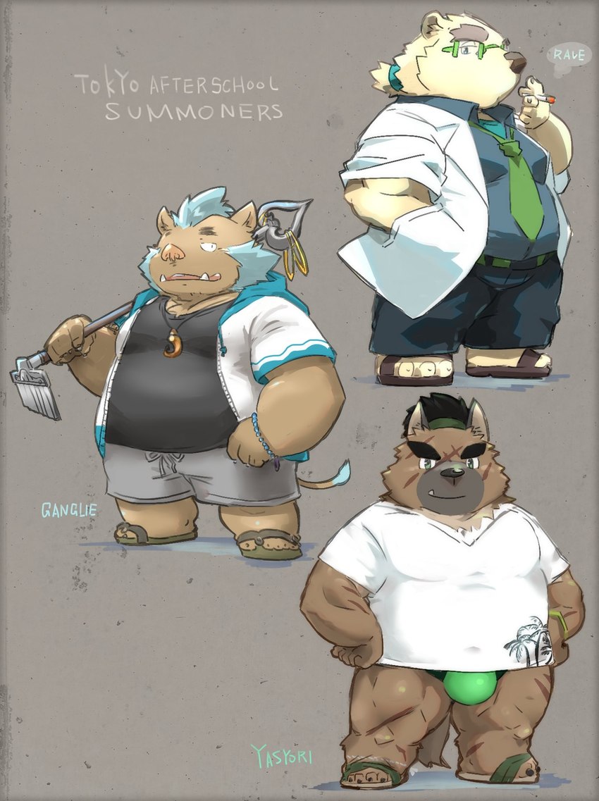 anthro belly big_belly bottomwear brown_body bulge cigarette clothed clothing cute_fangs eyewear fangs footwear glasses hoodie kemono male open_clothing open_hoodie open_shirt open_topwear overweight overweight_male sandals scar shirt shoes shorts smoking teeth topwear underwear white_body kisukemk777 lifewonders tokyo_afterschool_summoners ganglie_(tas) leib_(tas) yasuyori_(tas) bear canid canine canis domestic_dog mammal polar_bear suid suine sus_(pig) ursine wild_boar 2022 hi_res