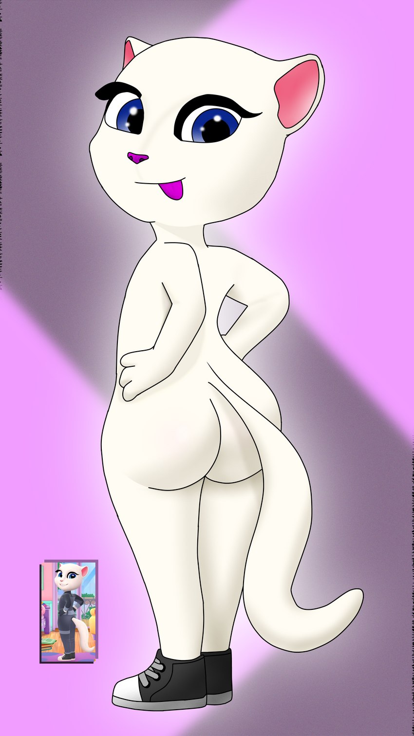 anthro big_butt black_clothing black_footwear black_shoes blue_eyes bubble_butt butt clothing female footwear glistening glistening_eyes glowing hair hands_on_hips looking_back nude nude_female presenting presenting_hindquarters purple_background shoes simple_background smile smiling_at_viewer solo tail text tongue tongue_out white_hair anonymous_artist my_talking_angela my_talking_angela_2 outfit_7 talking_tom_and_friends talking_angela domestic_cat felid feline felis humanoid mammal 8k 9:16 absurd_res hi_res huge_filesize traced