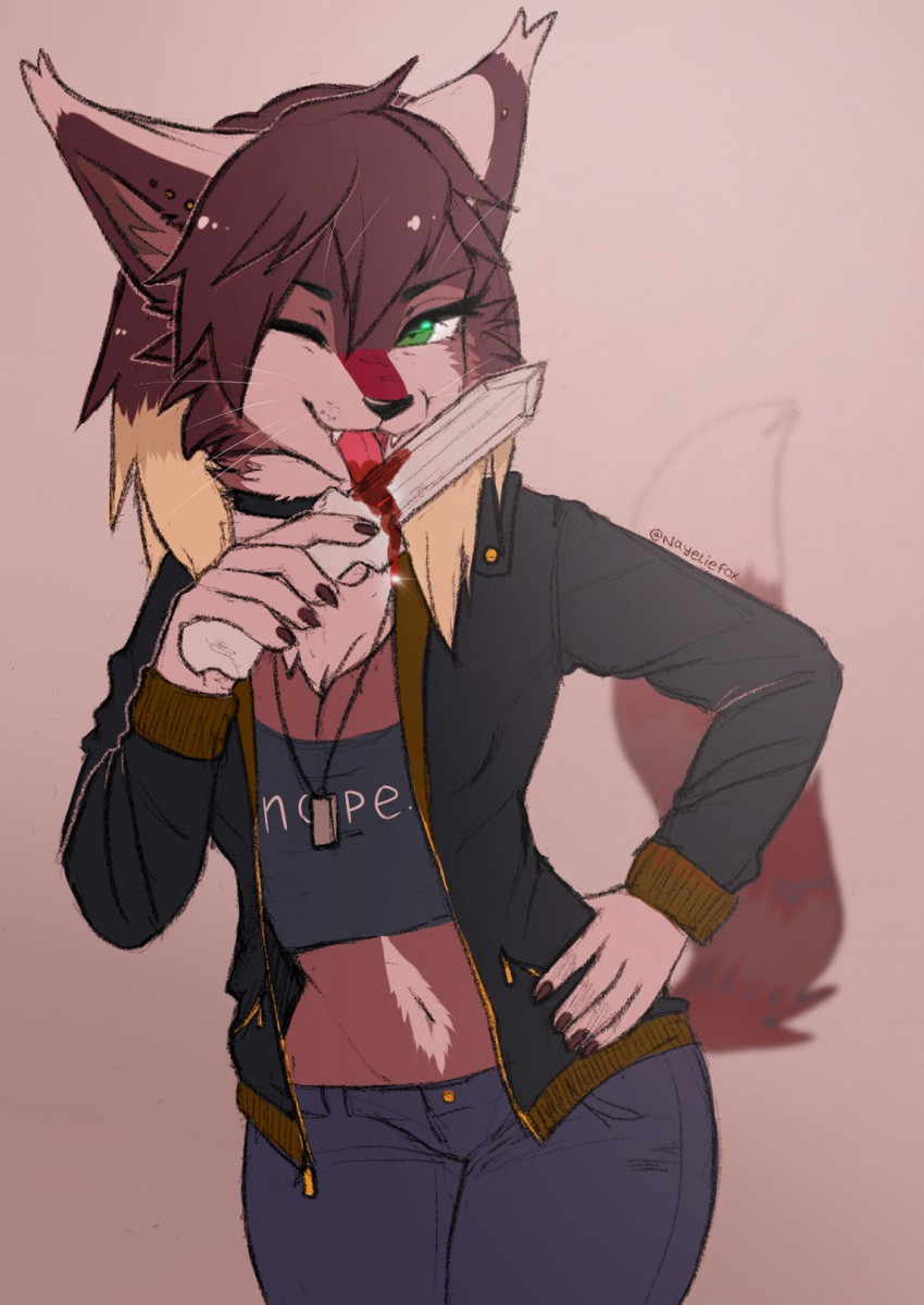 anthro blood bodily_fluids brown_body brown_fur ear_piercing female fur green_eyes knife midriff navel open_mouth piercing smile solo teeth tongue nayel-ie felid feline mammal 2020 digital_media_(artwork) hi_res