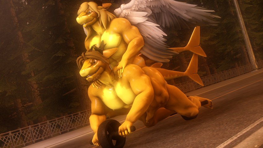 anthro blue_eyes clothing duo feathered_wings feathers forest grey_eyes gym_equipment hair horn jockstrap male muscular muscular_male pecs plant riding riding_on_back road tail tan_hair tree underwear wheel wings sanguine_paladin gachimuchi mythology warfare_machine aurelio_larone clodius_larone demigod dragon feathered_dragon feathered_scalie fish hybrid marine mythological_creature mythological_scalie scalie shark 16:9 3d_(artwork) digital_media_(artwork) hi_res meme source_filmmaker_(artwork) widescreen brother_(lore) brothers_(lore) sibling_(lore)