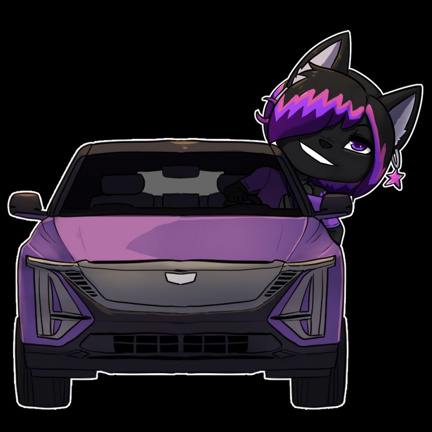 anthro black_body black_fur black_hair car chibi clothed clothing driving ear_piercing emoji fur grin hair highlights_(coloring) looking_at_viewer piercing purple_eyes purple_hair purple_highlights shirt simple_background smile solo topwear transparent_background vehicle bear213 cadillac cadillac_lyriq windluck felid feline mammal 1:1 alpha_channel