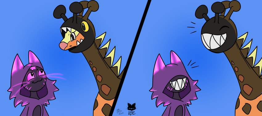 anthro blue_background clothing duo female feral fur glowing glowing_markings grin hoodie male male/female markings purple_body purple_fur sharp_teeth simple_background smile smug teeth topwear two_panel_image sonicluxhedgeman nintendo pokemon soniclux farigiraf generation_9_pokemon imp impim pokemon_(species) absurd_res comic hi_res signature watermark