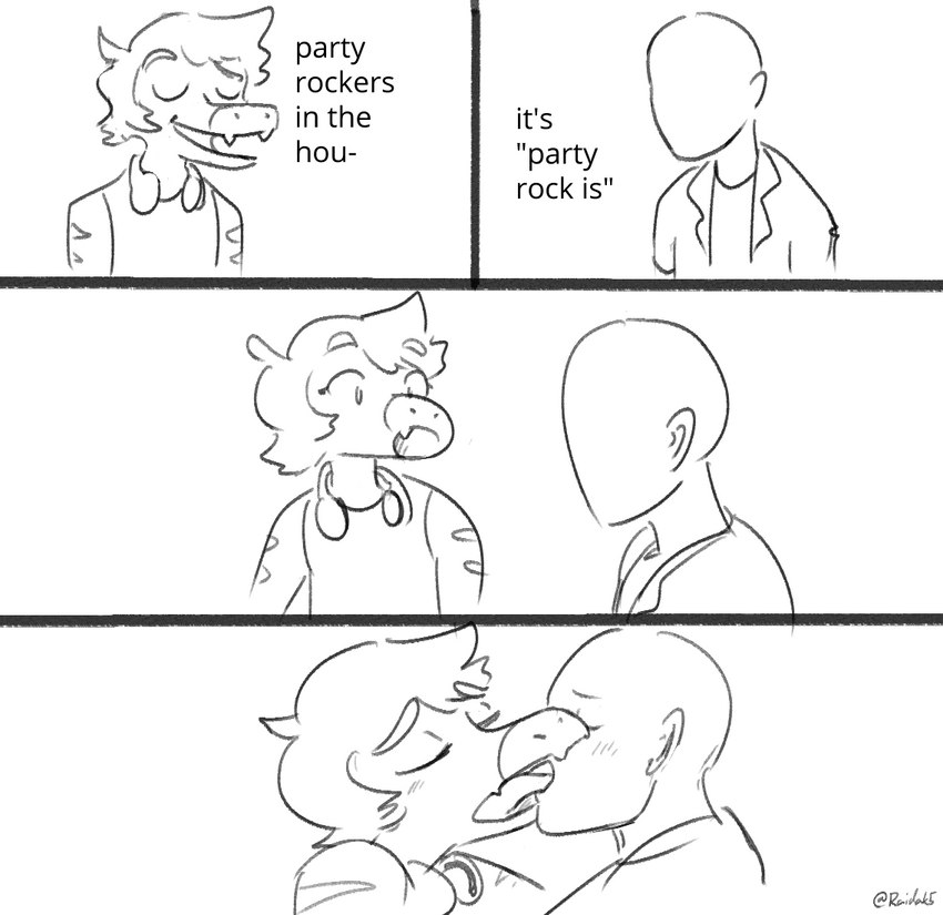 anthro bald base_three_layout blockage_(layout) blush clothed clothing dialogue duo electronics eyes_closed featureless_face four_frame_image french_kissing hair headphones headphones_around_neck horizontal_blockage humor kissing male text three_row_layout raidak5 cavemanon_studios goodbye_volcano_high party_rockers snoot_game anon_(snoot_game) reed_(gvh) dinosaur dromaeosaurid human mammal prehistoric_species reptile scalie theropod velociraptor comic english_text meme monochrome sketch