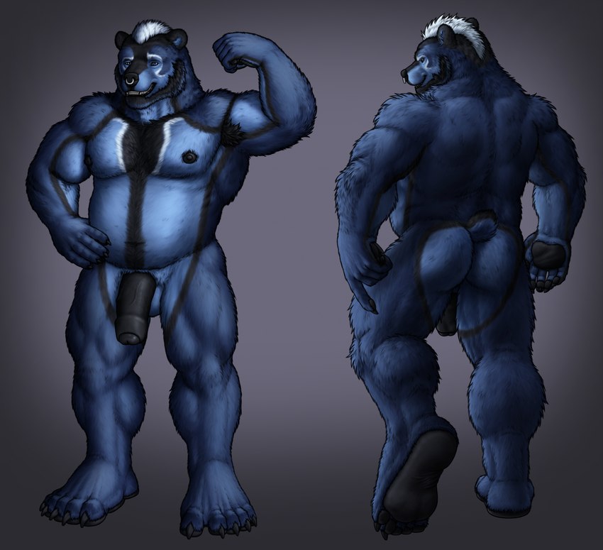 5_fingers 5_toes anthro armpit_hair backsack balls barazoku bear_tail beard big_arms big_chest big_feet big_legs big_muscles black_body black_fur black_hair black_lips black_nipples black_nose black_pawpads black_penis blue_body blue_eyes blue_fur blue_hair body_hair broad_shoulders butt claws facial_hair facial_piercing feet finger_claws fingers flexing flexing_bicep foreskin front_view full_foot_pawpads fur genitals hair hand_on_hip humanoid_feet humanoid_genitalia humanoid_penis lips looking_at_viewer male markings multicolored_beard multicolored_body multicolored_facial_hair multicolored_fur multicolored_hair musclegut muscular muscular_anthro muscular_male nipples nose_piercing nose_ring nude pawpads penis piercing plantigrade raised_foot rear_view ring_piercing simple_background slightly_chubby smile soles solo standing stocky tail thick_neck thick_penis thick_thighs toe_claws toes toothy_smile vein veiny_penis white_hair white_markings sidmonthebear bear mammal ursidae ursine digital_drawing_(artwork) digital_media_(artwork) hi_res model_sheet shaded soft_shading