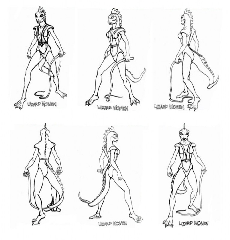 breasts cleavage clothed clothing female fin group guard non-mammal_breasts text turnaround whip unknown_artist flash_gordon_(copyright) the_new_adventures_of_flash_gordon flash_gordon lizard_woman_(the_new_adventures_of_flash_gordon) lizard reptile scalie english_text model_sheet official_art