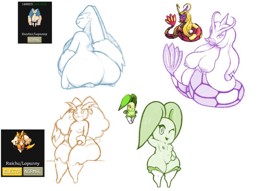 anthro big_butt breasts butt female fusion group hair lips long_hair medium_breasts one_eye_closed pokemon_fusion serpentine short_stack solo thick_lips thick_thighs wide_hips wink slimey_art nintendo pokemon pokemon_infinite_fusion chikorita generation_1_pokemon generation_2_pokemon generation_3_pokemon generation_4_pokemon jynx lopunny milotic pokemon_(species) raichu snorlax sketch