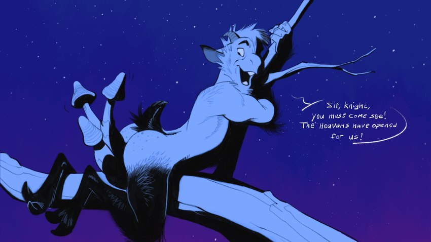 arched_back branch butt horn looking_back male night nude nude_anthro nude_male object_between_cheeks on_branch open_mouth sky smile solo star starry_sky text zepthehyerian lagnoss humanoid satyr 16:9 colored english_text hi_res widescreen