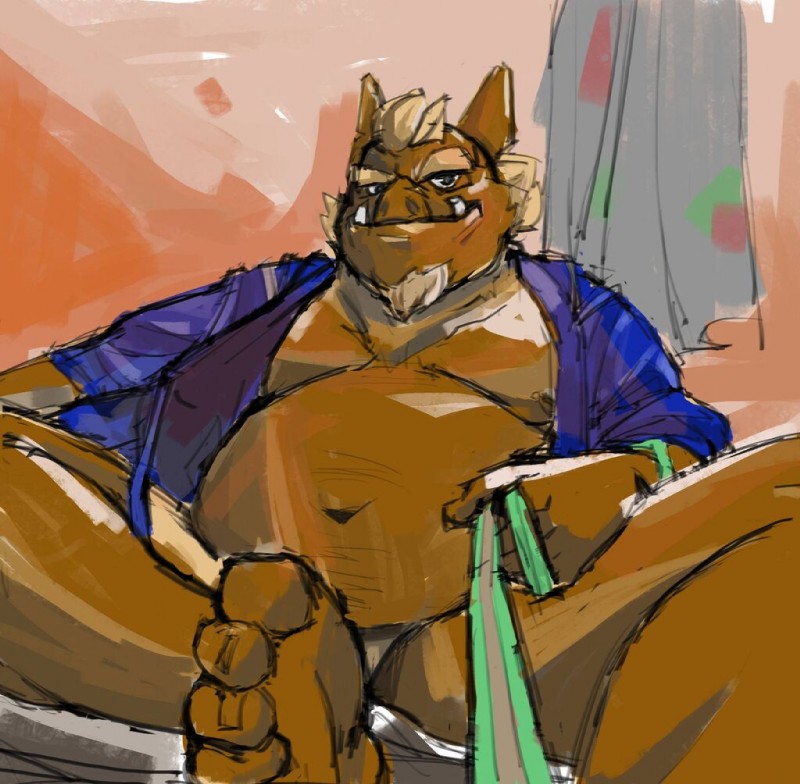 anthro belly biped brown_body brown_fur clothing fur humanoid_hands kemono male moobs navel overweight overweight_anthro overweight_male robe sitting solo underwear bonbonbear tuokemao mammal suid suina sus_(pig) wild_boar 2002