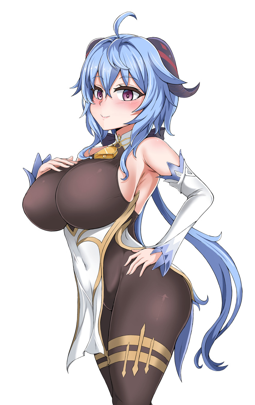 bell bell_collar big_breasts blue_hair breasts collar female hair hand_on_hip horn huge_breasts looking_at_viewer not_furry simple_background smile solo thick_thighs white_background kim_wang_jyang genshin_impact mihoyo ganyu_(genshin_impact) horned_humanoid humanoid 2021 absurd_res hi_res