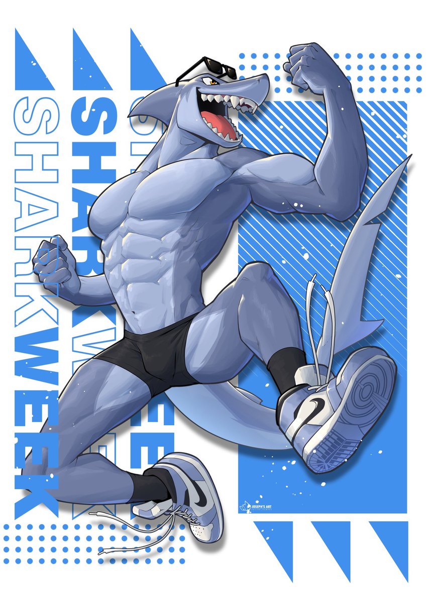 abs anthro athletic athletic_anthro athletic_male black_clothing black_footwear black_socks black_underwear blue_body blue_clothing blue_footwear blue_shoes clothed clothing countershading droplets eyewear eyewear_on_head featureless_chest footwear happy jumping light_body male shark_tail shark_teeth shoes simple_background smile sneakers socks solo sunglasses sunglasses_on_head text topless topless_anthro topless_male underwear yellow_eyes anjing_kampuss jordan_(brand) nike fish marine shark english_text hi_res