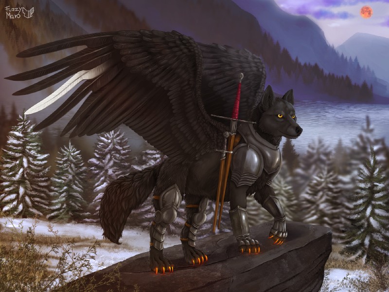 ambiguous_gender armor black_body black_fur feathers feral forest fur melee_weapon moon mountain outside plant pose quadruped solo standing sword tree warrior weapon wings yellow_eyes fuzzymaro canid canine canis mammal wolf 4:3 digital_media_(artwork)