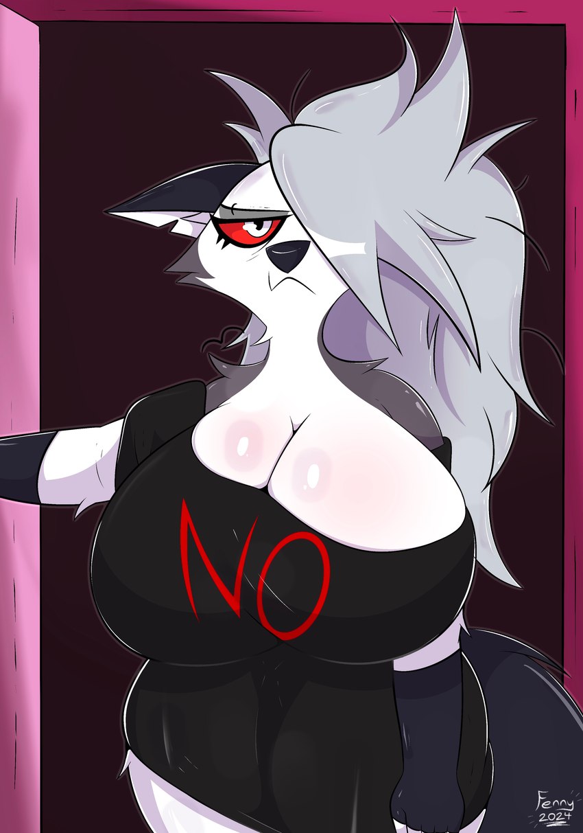 alternative_fashion anthro big_breasts big_butt breasts butt clothed clothing female fur hair huge_breasts huge_butt looking_at_viewer red_eyes shirt simple_background solo tail text text_on_clothing text_on_shirt text_on_topwear thick_thighs tired topwear white_body white_fur wide_hips fennyfen_1 helluva_boss mythology loona_(helluva_boss) canid canid_demon canine canis demon domestic_dog hellhound mammal mythological_canine mythological_creature absurd_res digital_media_(artwork) hi_res