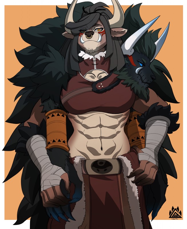 abs animal_skin facial_piercing female horn looking_at_viewer muscular muscular_female nose_piercing nose_ring piercing ring_piercing solo tribal tusks wolfgaoz bovid bovine canid canine canis cattle mammal wolf absurd_res hi_res