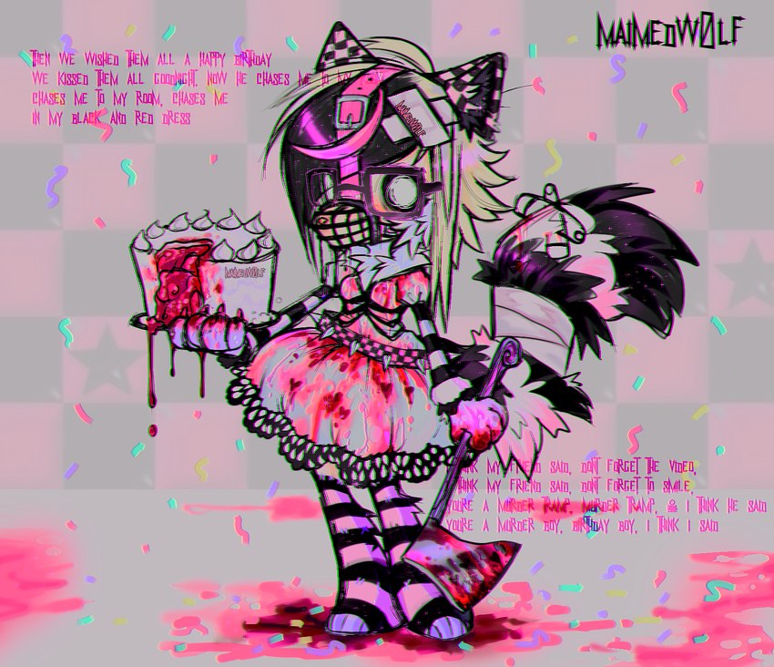 abstract_background alternative_fashion anthro axe biped birthday blood bodily_fluids cake clothing creepy_cute dessert emo feet female fingers fluffy fluffy_tail food glamfur gore guro_lolita gurokawa holding_axe holding_cake holding_food holding_object j-fashion legwear lolita_(fashion) lyrics muzzle_(object) pattern_clothing pattern_legwear paws safety_pin scene_(fashion) scene_haircut solo sparklefur standing striped_clothing striped_legwear stripes tail text maimedwolf the_birthday_massacre canid canine canis mammal wolf 2023 digital_media_(artwork) english_text hi_res