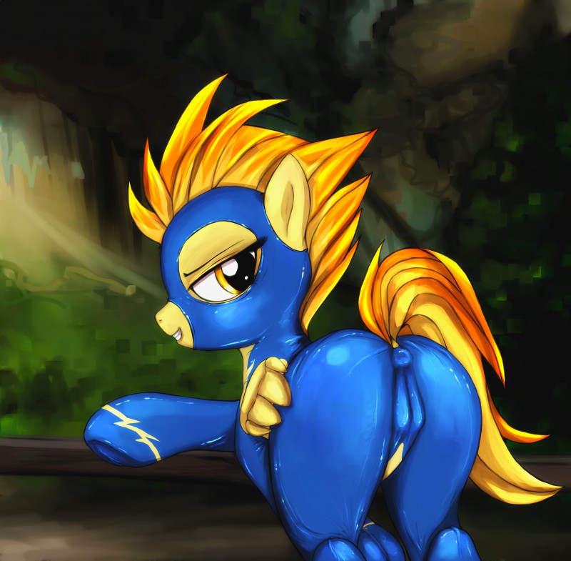 anus anus_outline butt camel_toe clothing feathered_wings feathers female feral flight_suit grin hair half-closed_eyes narrowed_eyes outside skinsuit smile solo tight_clothing wings yellow_body yellow_eyes yellow_feathers darkstylerz friendship_is_magic hasbro my_little_pony mythology spitfire_(mlp) wonderbolts_(mlp) equid equine mammal mythological_creature mythological_equine pegasus 2015 absurd_res hi_res