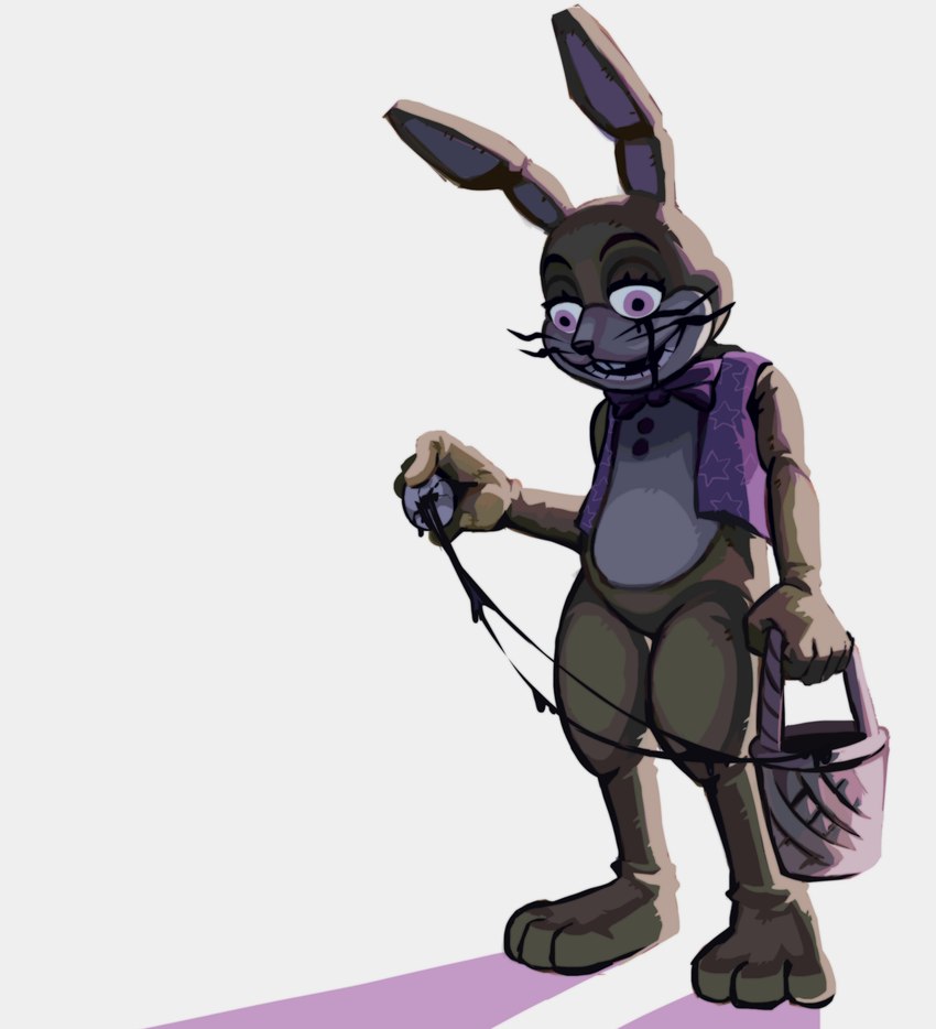 anthro basket bodily_fluids bow_tie button_(fastener) clothing container easter_basket egg food holding_food holding_object holidays looking_down male open_mouth open_smile pink_eyes smile solo tan_body topwear vest whiskers skylordlysander easter five_nights_at_freddy's five_nights_at_freddy's:_help_wanted scottgames glitchtrap lagomorph leporid mammal rabbit 2021 digital_media_(artwork) hi_res