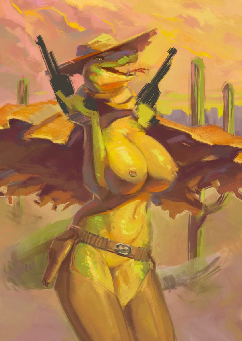 anthro big_breasts breasts cactus cape chaps clothed clothing cowboy cowboy_hat cowboy_outfit fangs featureless_crotch female forked_tongue green_body green_scales gun gun_belt handgun hat headgear headwear holding_gun holding_handgun holding_object holding_pistol holding_ranged_weapon holding_weapon holster nipple_piercing nipple_ring nipples non-mammal_breasts outside piercing pistol plant ranged_weapon revolver ring_piercing scales solo sunset teeth tongue tongue_out topless weapon wild_west neracoda henrietta_(neracoda) reptile scalie snake 2022 hi_res