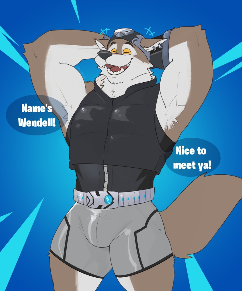 anthro armpit_hair body_hair brown_body brown_fur bulge clothed clothing dialogue ear_piercing fully_clothed fur hand_behind_head headgear headwear male open_mouth open_smile piercing pose raised_arm smile solo text kiba24 epic_games fortnite wendell_(fortnite) canid canine canis mammal wolf 2023 absurd_res digital_media_(artwork) english_text hi_res pinup portrait three-quarter_portrait