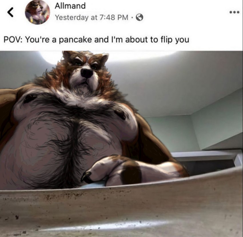 anthro barazoku belly_hair biceps black_nipples body_hair chest_hair facial_tuft grin hairy happy_trail looking_at_viewer low-angle_view male mature_male musclegut muscular neck_tuft nipples overweight pecs smile solo text tuft allmand52 you're_a_pancake_and_i'm_about_to_flip_you allmand canid canine canis domestic_dog mammal 2025 english_text