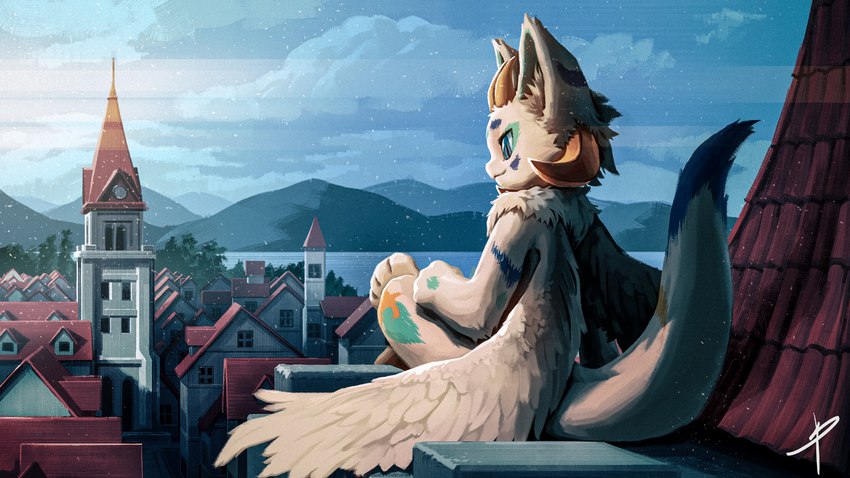 ambiguous_anthro ambiguous_gender anamorphic_lens_flare anthro blue_eyes blue_sky building casual_nudity cheek_tuft clock clock_tower cloud detailed_background dipstick_tail facial_tuft feathered_wings feathers fur high_place horn lake looking_down markings mountain multi_horn neck_tuft nude on_roof outside plant pupils rear_view roof_shingle sitting sky slit_pupils smile snow snowing solo street tail tail_markings tower town tree tuft water white_body white_feathers wings young young_ambiguous young_anthro blaedic mythology taco_(taco0393) dragon eastern_dragon furred_dragon furred_scalie mythological_creature mythological_scalie scalie 16:9 2021 4k absurd_res digital_media_(artwork) digital_painting_(artwork) hi_res widescreen