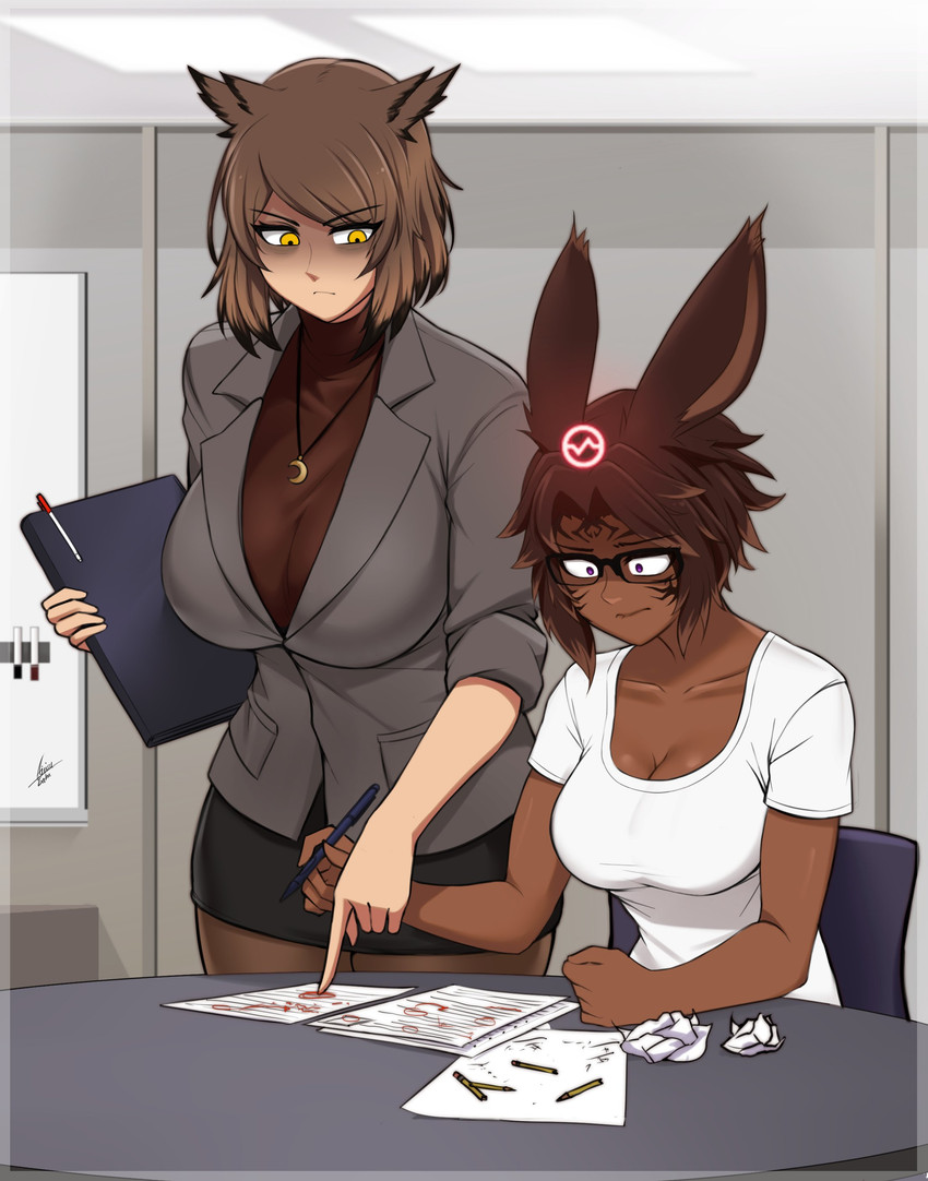 bottomwear breasts brown_body brown_hair brown_skin clothing duo eyewear facial_markings female glasses hair head_markings jacket jewelry markings necklace paper pen shirt skirt sweater topwear turtleneck yellow_eyes airisubaka final_fantasy square_enix rin_(bitme567) animal_humanoid avian avian_humanoid bird_humanoid humanoid lagomorph lagomorph_humanoid leporid_humanoid mammal mammal_humanoid owl_humanoid rabbit_humanoid viera 2023 absurd_res hi_res