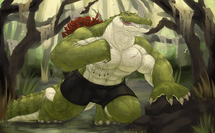 5_fingers 5_toes abs anthro biceps big_muscles bottomwear claws clothing feet fingers green_body green_scales green_skin light_body light_skin male many_teeth muscular muscular_anthro muscular_male open_mouth pecs pupils scales scar sharp_teeth shorts slit_pupils solo teeth toes yellow_eyes cinna-tree alligator alligatorid crocodilian reptile scalie hi_res