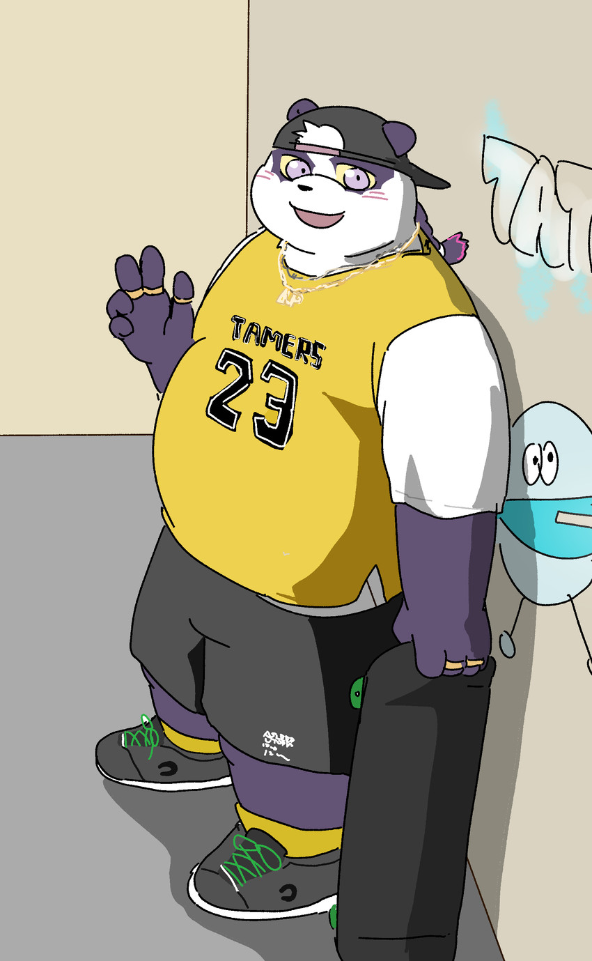 anthro bottomwear clothing fur humanoid_hands jewelry kemono male overweight overweight_anthro overweight_male purple_body purple_fur shirt shorts solo text text_on_clothing text_on_jewelry text_on_shirt text_on_topwear topwear white_body white_fur bonedra lifewonders tokyo_afterschool_summoners alp_(tas) bear giant_panda mammal 2021 absurd_res hi_res