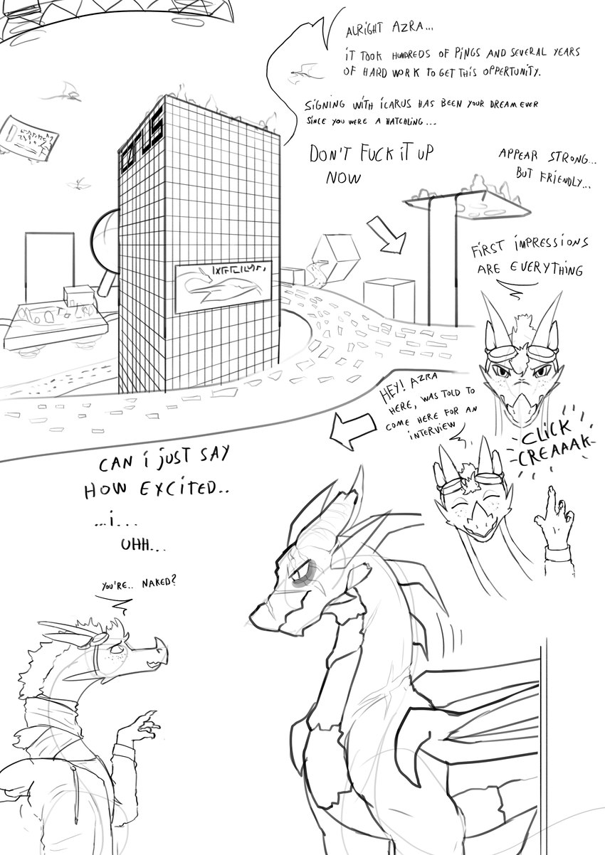 apartment billboard building city claws clothed clothed_feral clothing dialogue duo eyewear feral freckles futuristic goggles hoodie horn male mane modern_architecture profanity scar scarf skyscraper text topwear wings dragonsponies mythology azra_windsweeper dragon mythological_creature mythological_scalie scalie absurd_res comic english_text hi_res monochrome sketch sketch_page