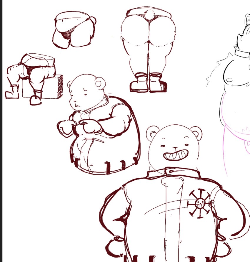 anthro butt clothing male nude solo thong underwear lavir bepo_(one_piece) bear humanoid mammal polar_bear ursine hi_res sketch sketch_page