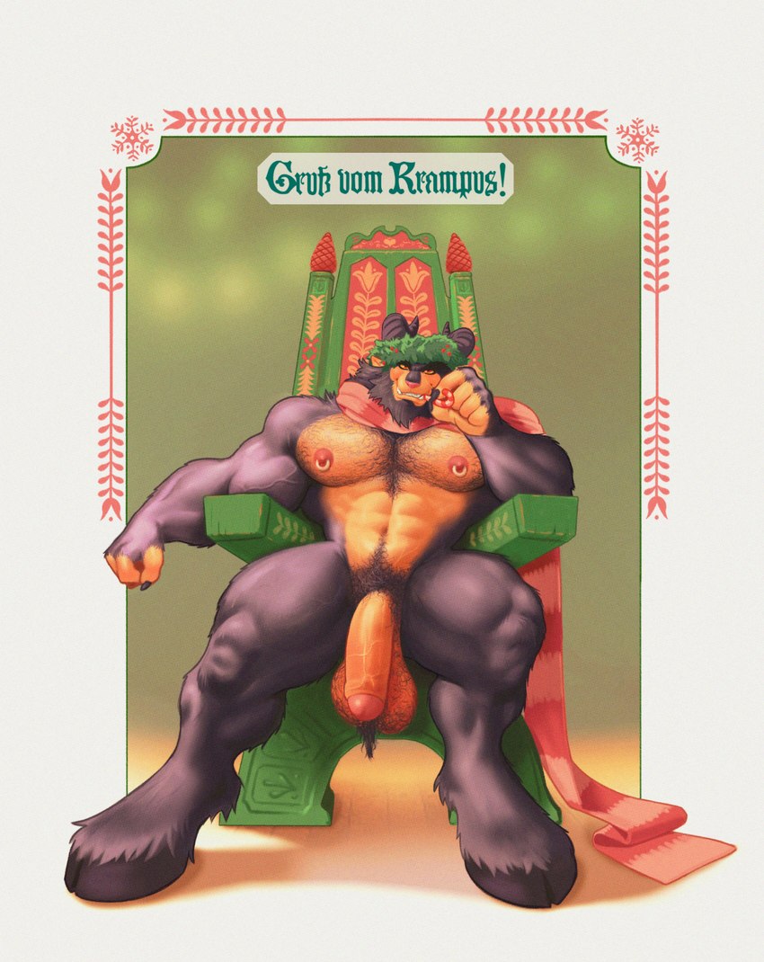 abs anthro ball_tuft balls big_muscles body_hair candy candy_cane chair chest_hair dessert digitigrade flaccid food foreskin furniture genitals hairy_balls holidays hooved_digitigrade hooved_toes hooves humanoid_genitalia humanoid_penis male manly muscular muscular_anthro muscular_male nipple_piercing nipples nude on_chair pecs penis piercing pubes saggy_balls scarf sitting sitting_on_chair solo text throne tuft wreath mezcal_(artist) christmas krampus bovid caprine caprine_demon demon goat_demon mammal satyr 2023 full-length_portrait german_text hi_res portrait