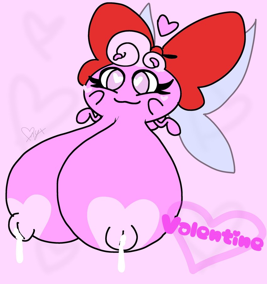 big_bow big_breasts bodily_fluids breasts cat_smile curled_hair female genitals hair heart_eyes heart_nipples heart_print heart_symbol huge_breasts hyper hyper_breasts insect_wings lactating nipples pink_body plump_labia pussy solo wings onyx666 fairy waddling_head absurd_res hi_res