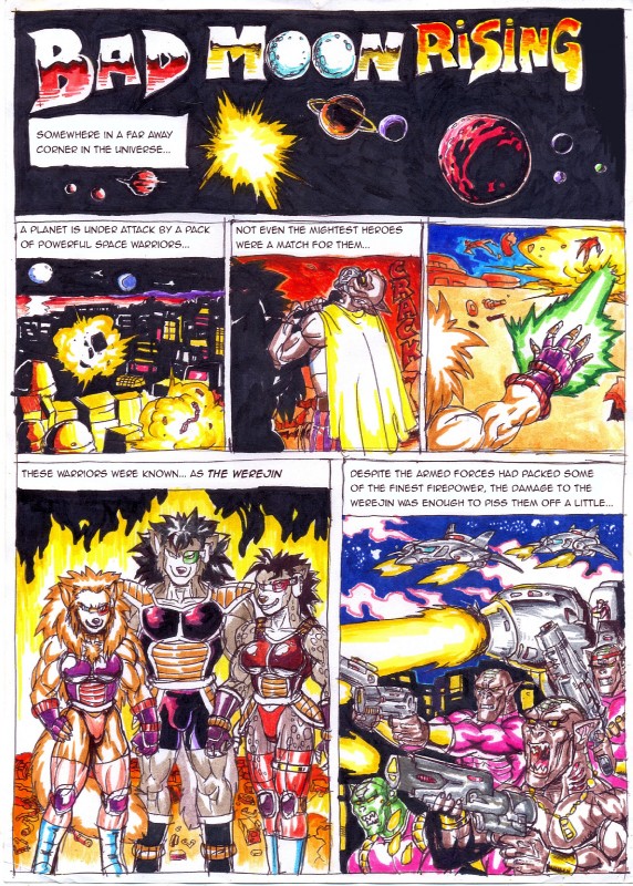 angry anthro breasts burning_building explosion female fire group muscular planet rubble space text mariano sheena sheena_(mariano) shiro_uzumaki vulpa_(mariano) alien canid canine canis hyena mammal spotted_hyena wolf 2017 comic english_text hi_res traditional_media_(artwork)